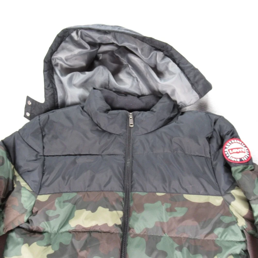 Levis Jacket Youth XL 13-15 Yrs Black Camo Hooded Insulated Zip Puffer Hood Flaw